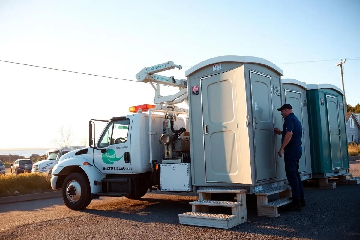 Service technician working beside portable restroom units and a service truck