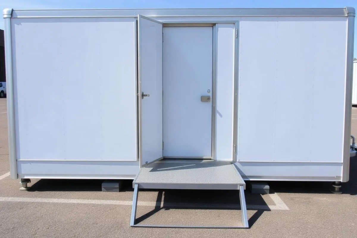 Wheelchair accessible portable restroom with a level ramp entry