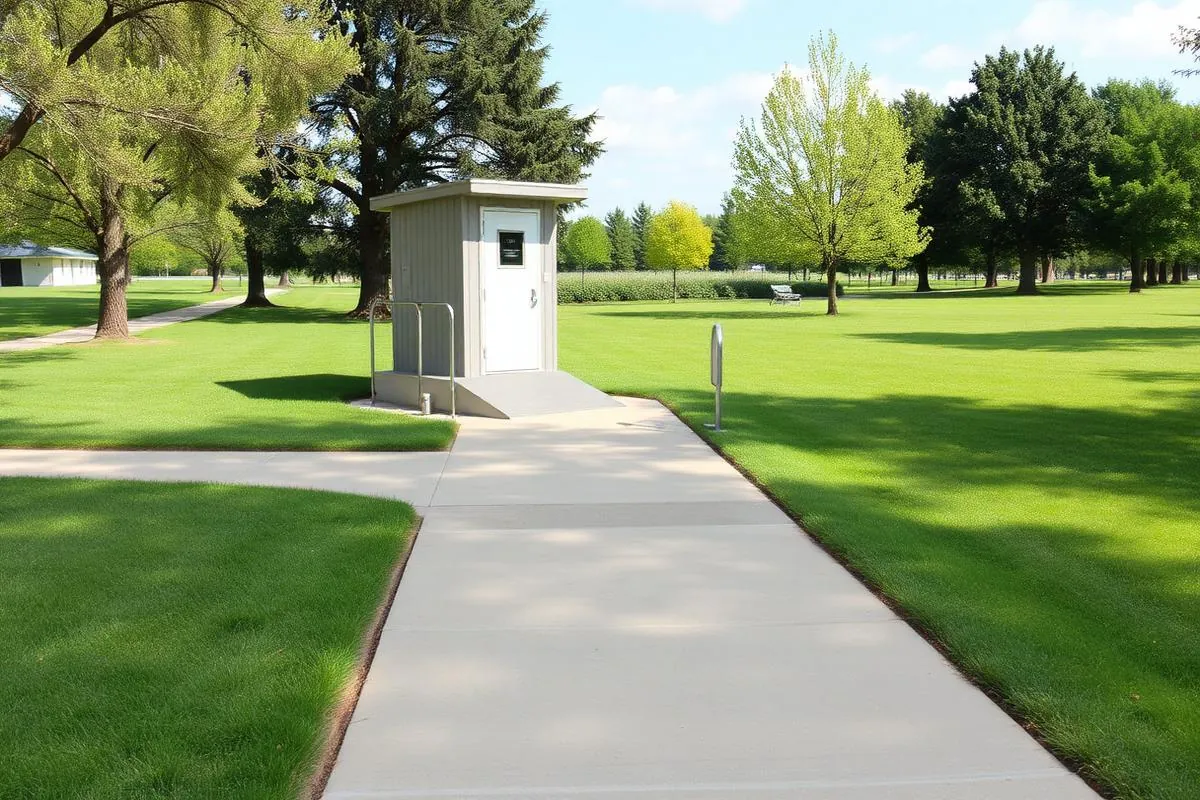 Level concrete pathway leading to an accessible restroom unit in a park