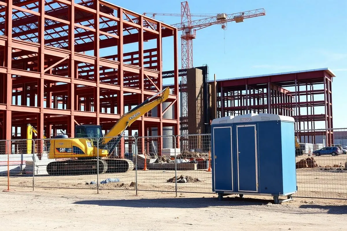 Portable restrooms placed beside fencing at an active construction site