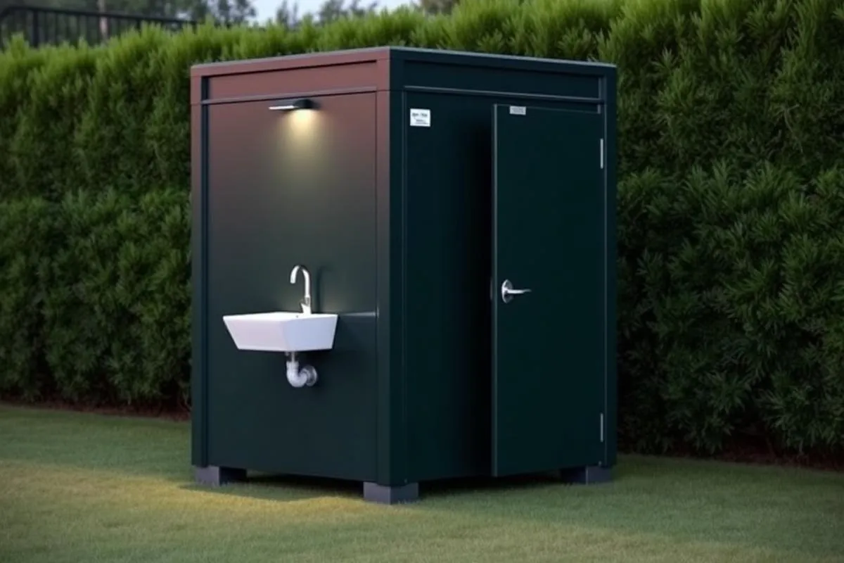 Deluxe portable restroom unit with exterior sink placed beside a hedge
