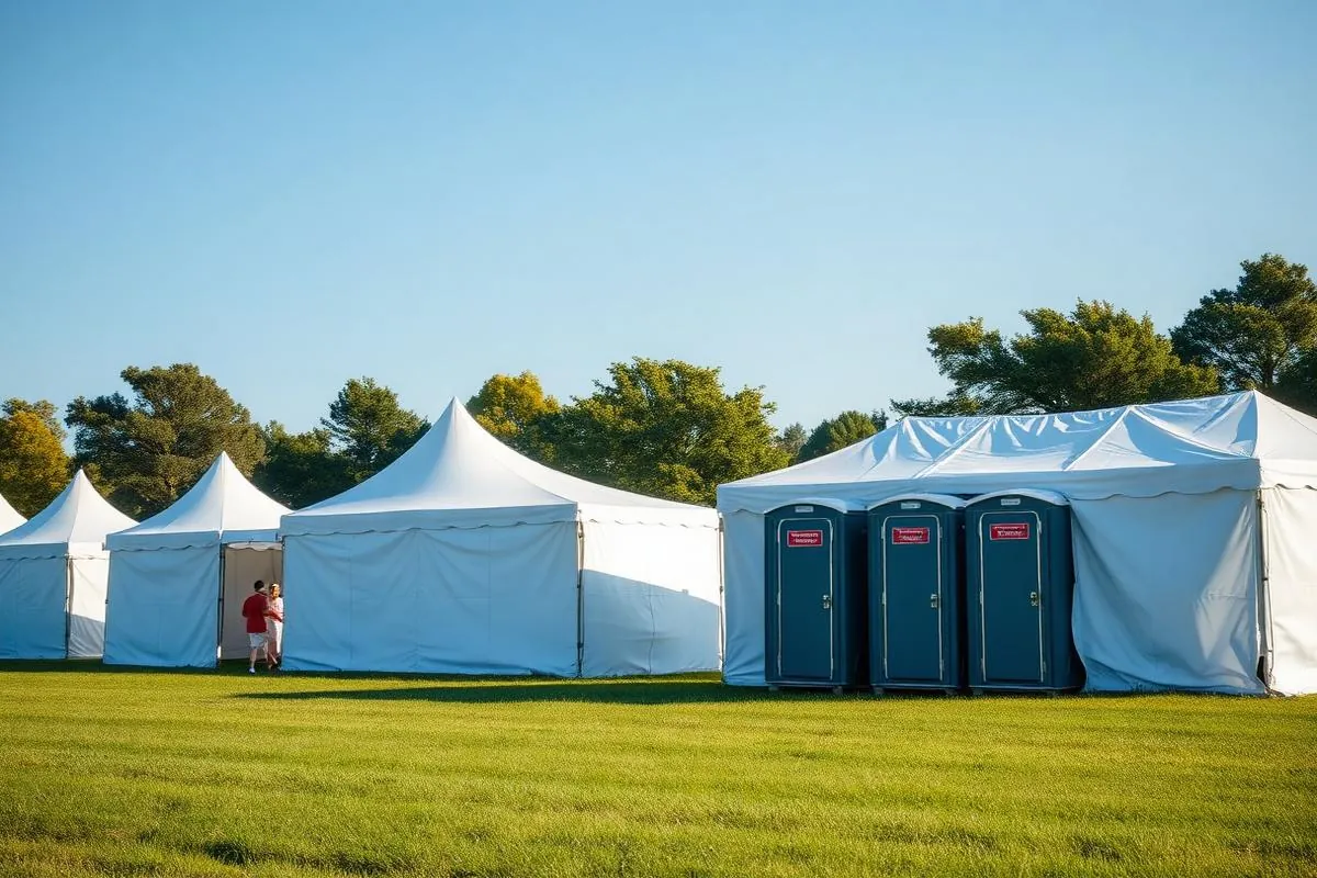 Portable restrooms positioned beside white event tents on a grass field
