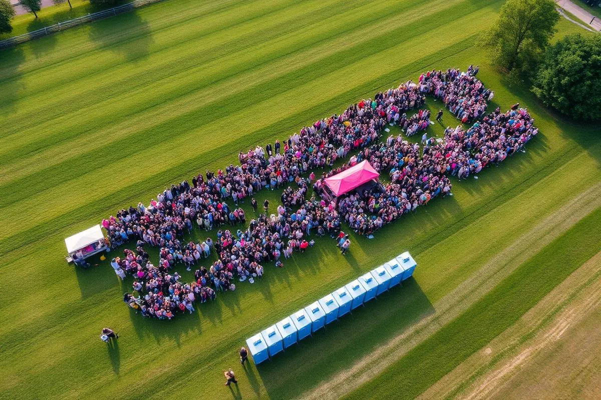 Aerial view of a crowd at an outdoor event with a row of portable restrooms nearby