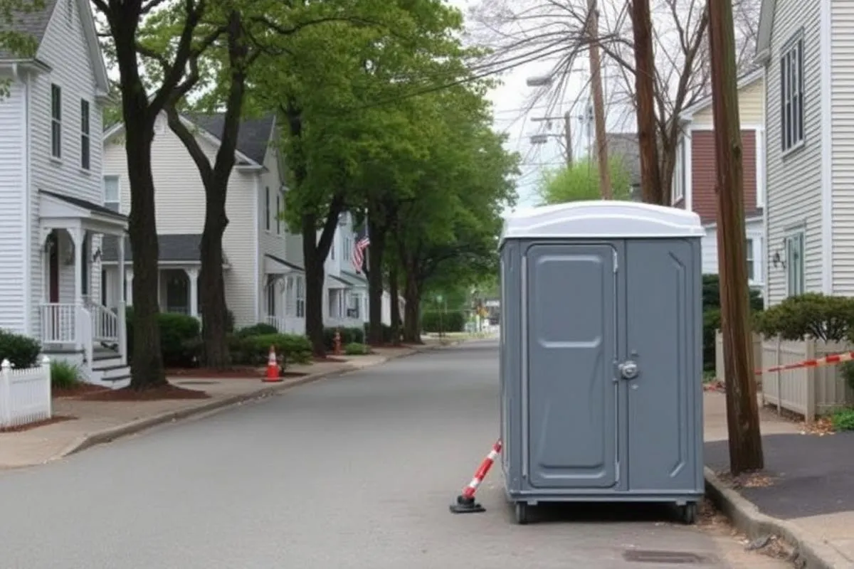 Portable restroom unit placed on a quiet New England residential street