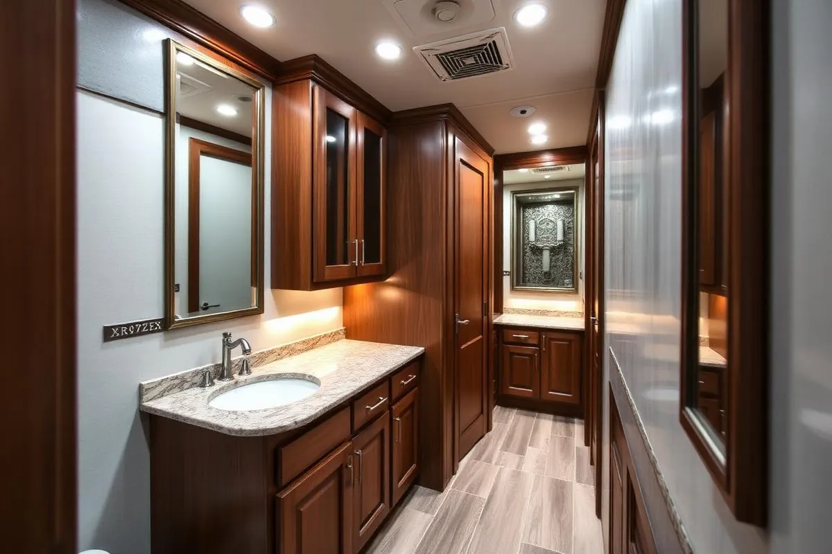 Interior of a luxury restroom trailer with wood cabinetry and vanity mirrors