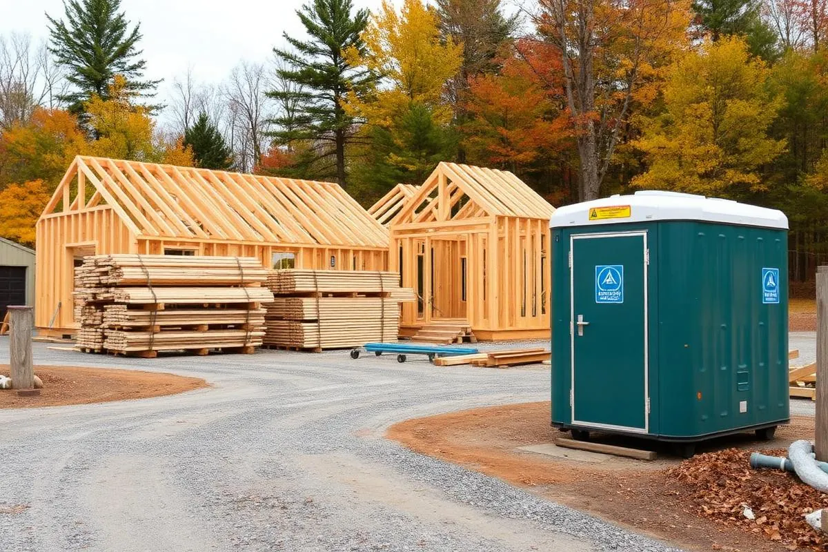 Wood-framed houses under construction with a portable restroom near the driveway