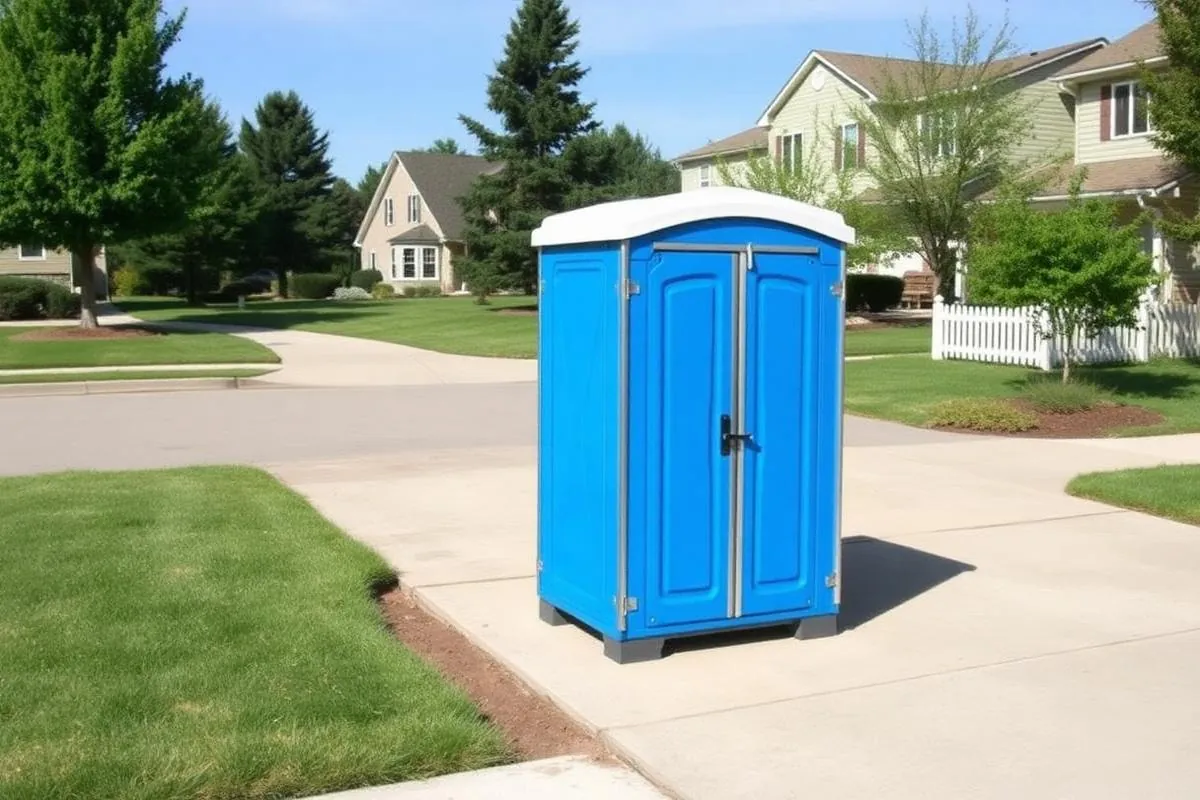 A single blue porta potty placed on a residential driveway