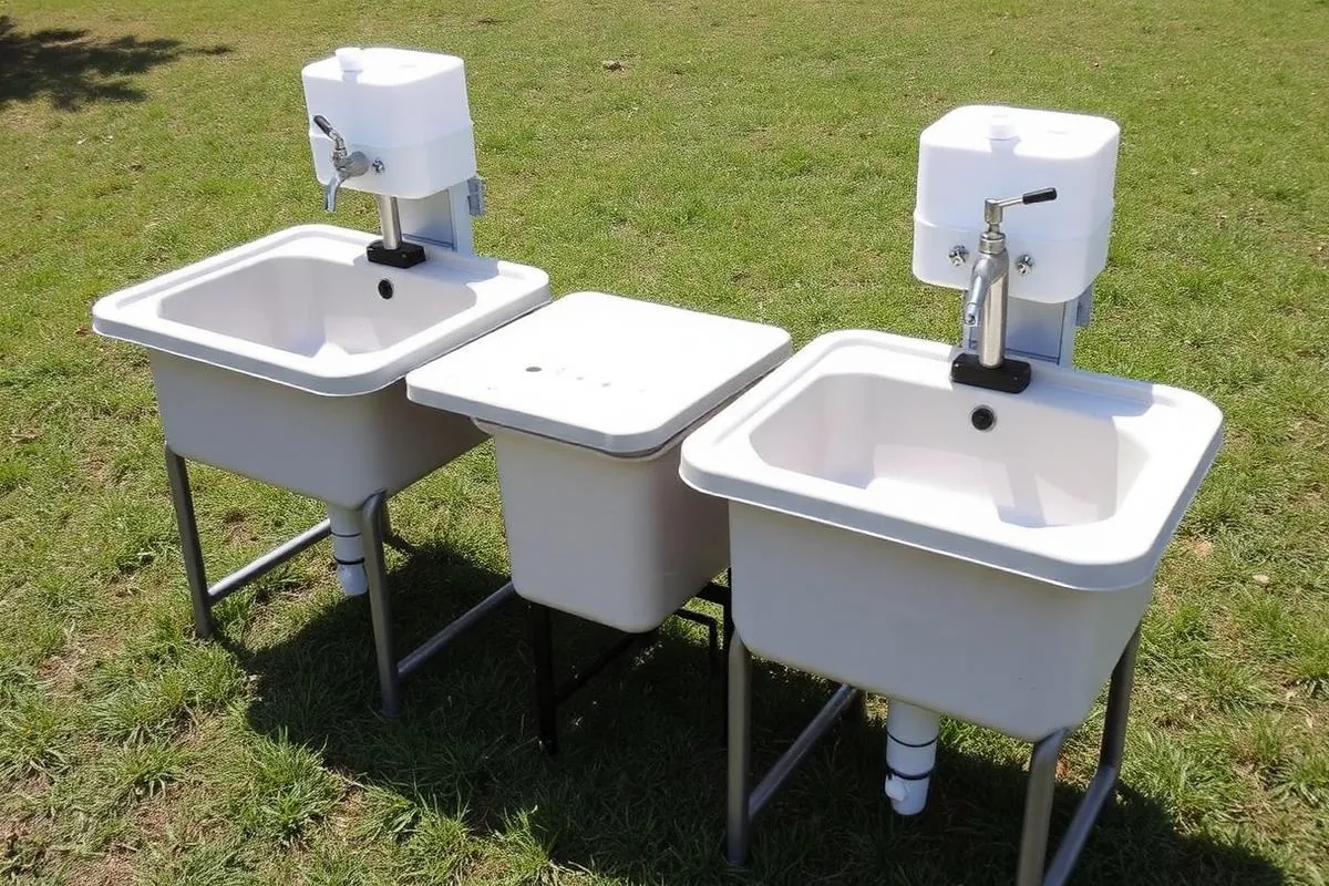 Portable double-basin handwashing station set up outdoors on grass