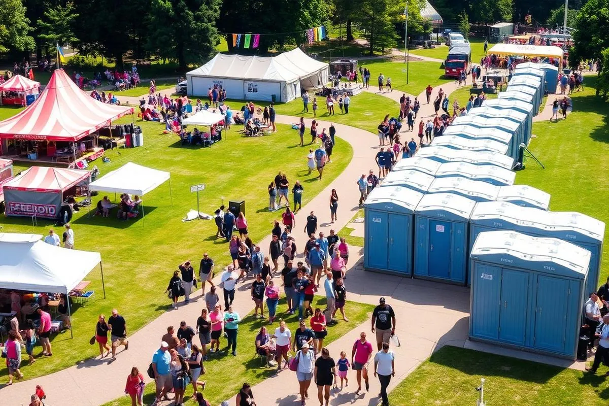 Festival grounds with tents, crowds and grouped portable restrooms along a walkway