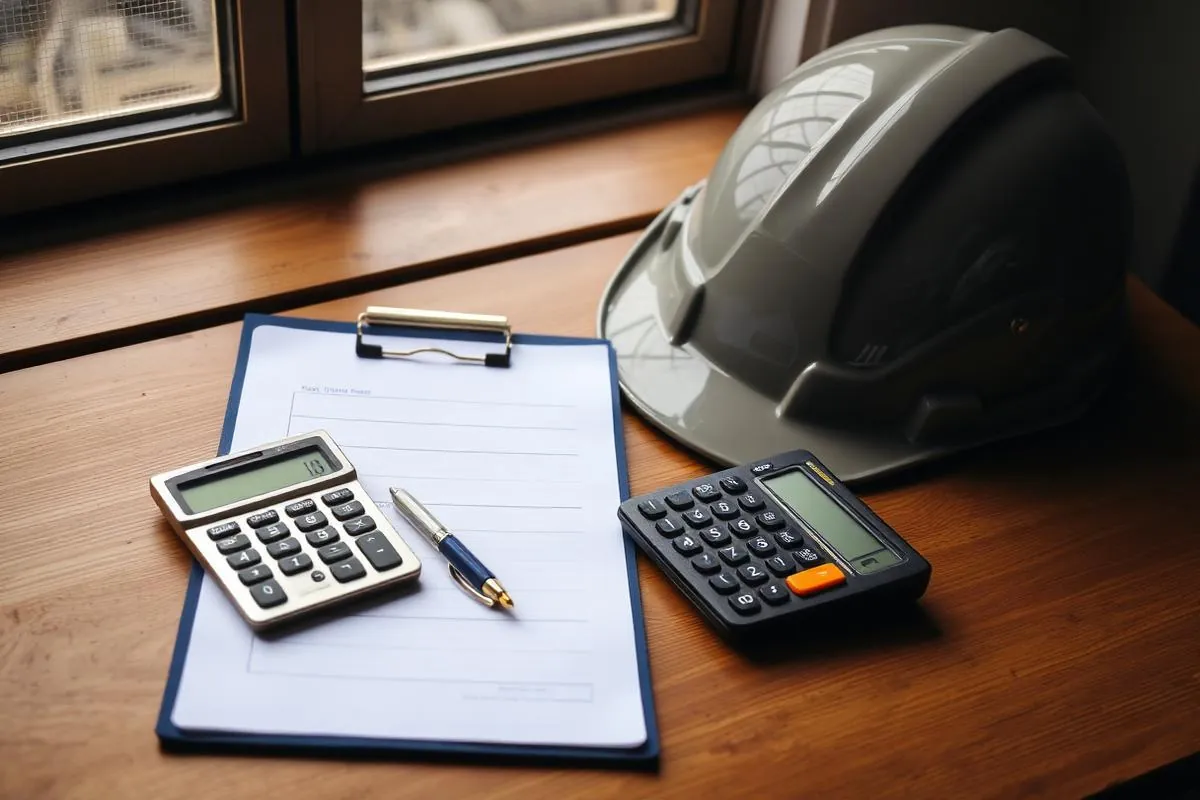 Clipboard, calculator, pen and hard hat on a desk