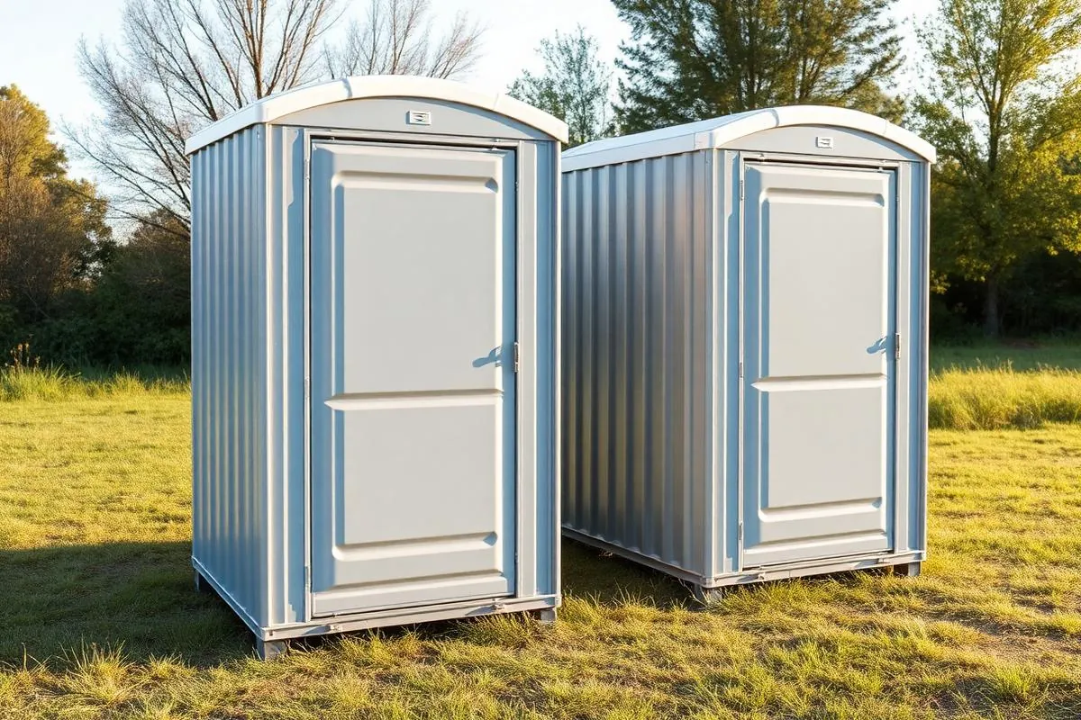 Two portable toilet units set up on a grassy lot