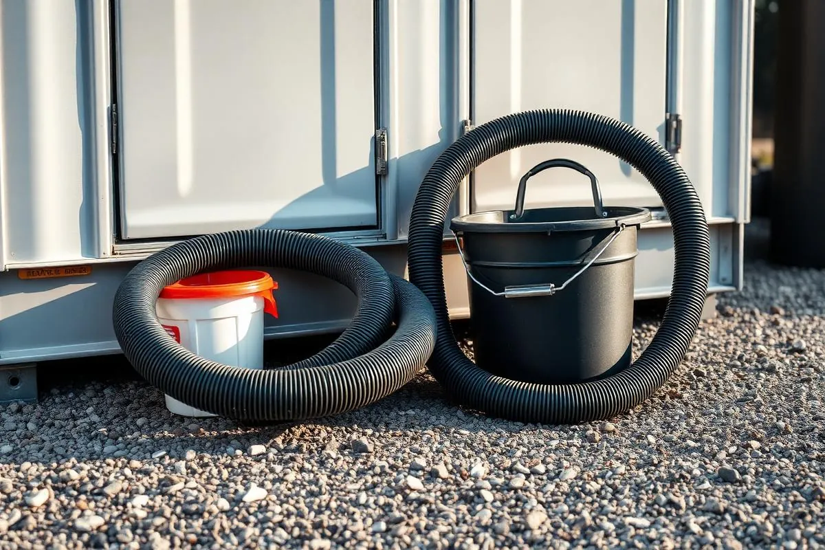 Service hose, bucket and cleaning supplies beside a portable restroom unit