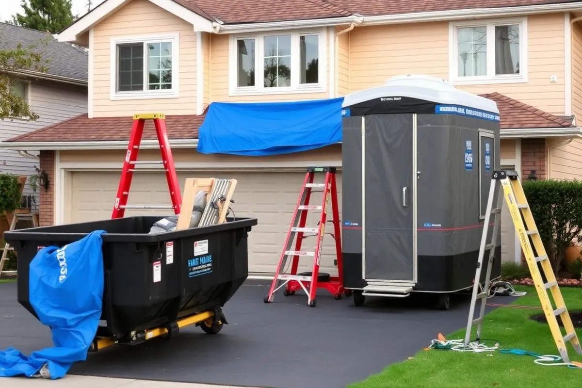 Home renovation in progress with a dumpster, ladders and a restroom unit on the driveway