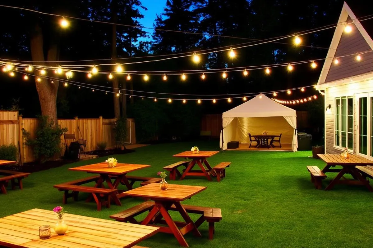 Backyard gathering space with string lights, picnic tables and a small tent at dusk