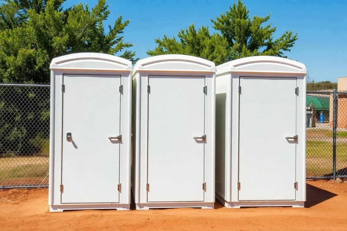 Three standard white portable restroom units lined up on level ground