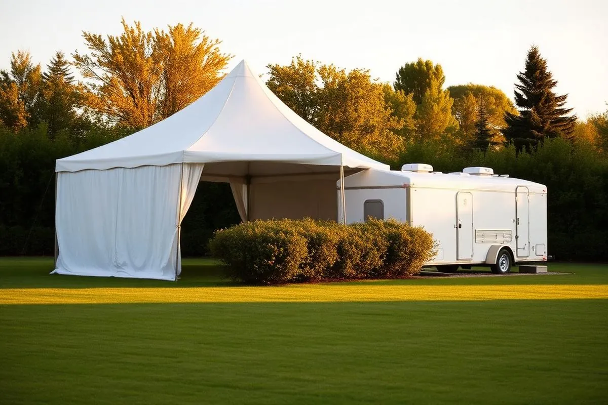 White event tent on a lawn with a restroom trailer parked discreetly behind shrubs