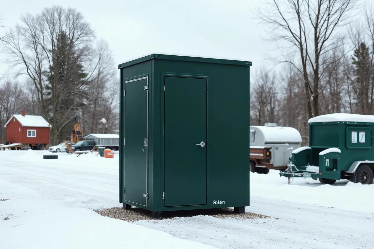 Portable restroom unit on a plowed gravel drive at a snowy Maine work site